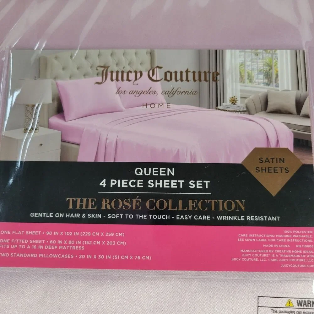 Juicy Couture Pastel Pink Satin 4pc QUEEN Sheets Set Easy Care Sleek Smooth Soft
